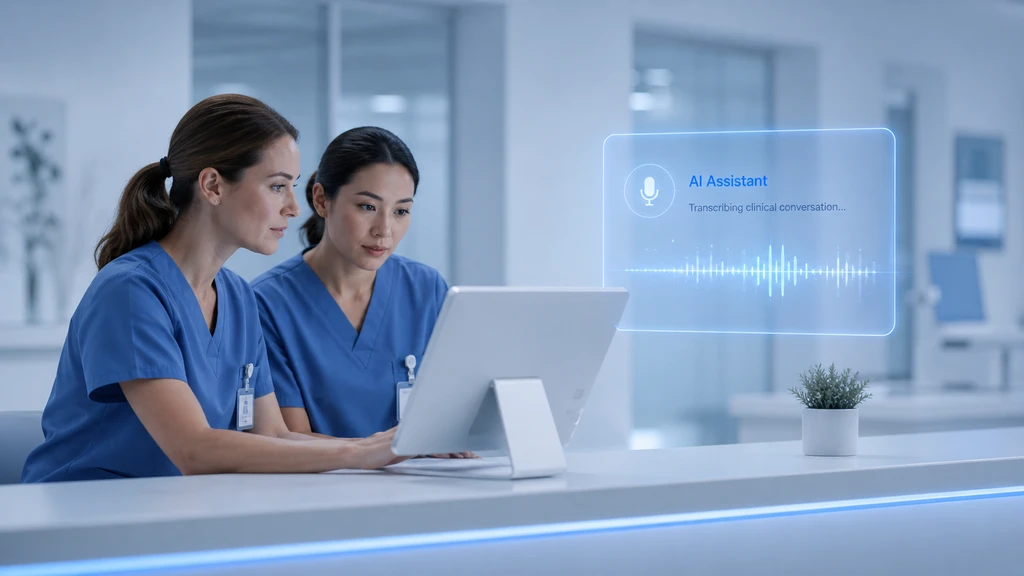 Two nurses in scrubs at a charting station with an ambient AI assistant transcribing in the background