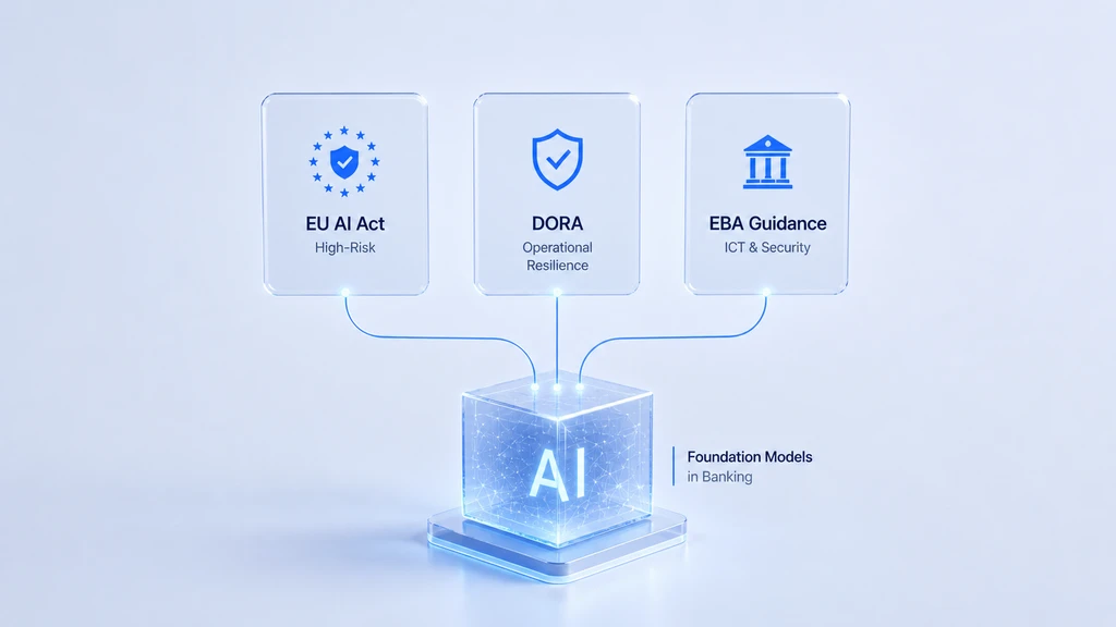 Diagram showing the EU AI Act high-risk classification, DORA operational resilience requirements, and EBA guidance converging on foundation models in banking