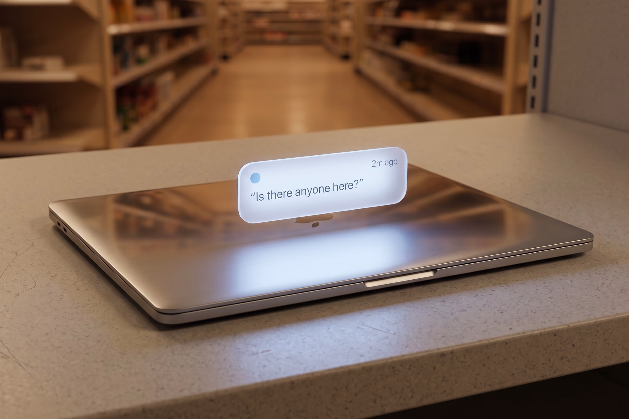 Empty retail aisle reflected in a closed laptop screen, with a chat bubble glowing on the keyboard