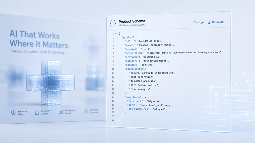 Product schema rendered as machine-readable JSON next to a faded marketing banner