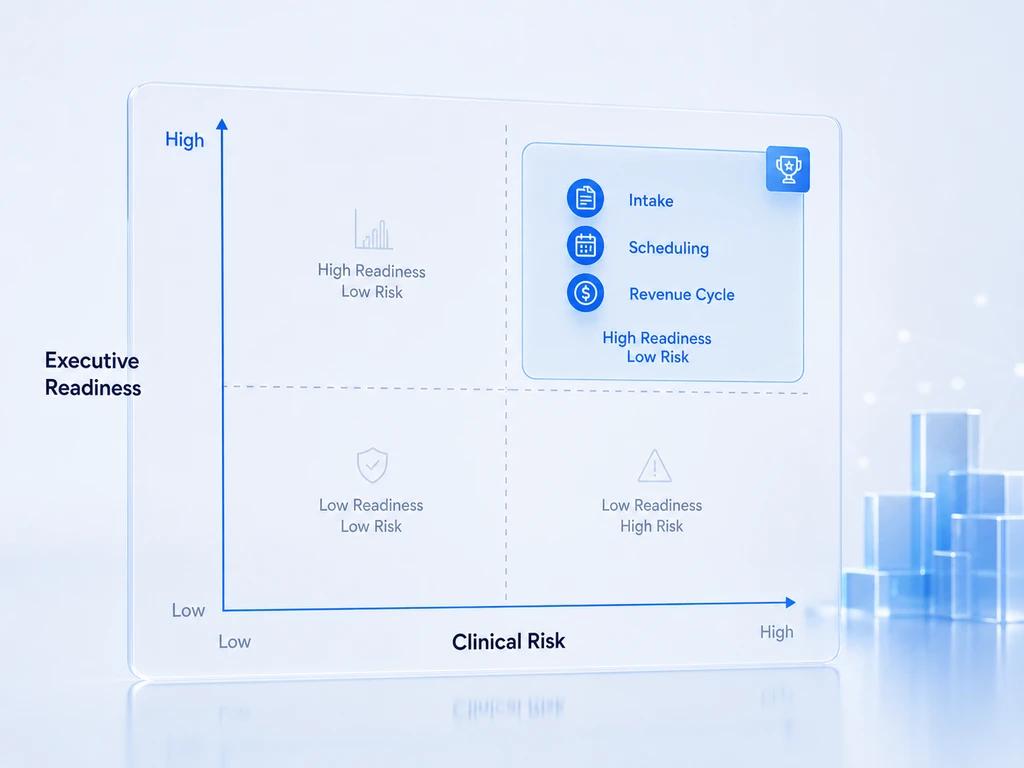 A two-axis chart showing executive readiness on the y-axis and clinical risk on the x-axis, with intake, scheduling, and revenue cycle workflows clustered in the high-readiness, low-risk quadrant